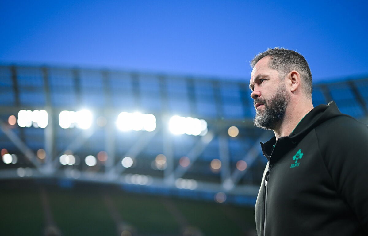 Ireland head coach Andy Farrell walks the Aviva pitch. Pic: Ramsey Cardy/Sportsfile