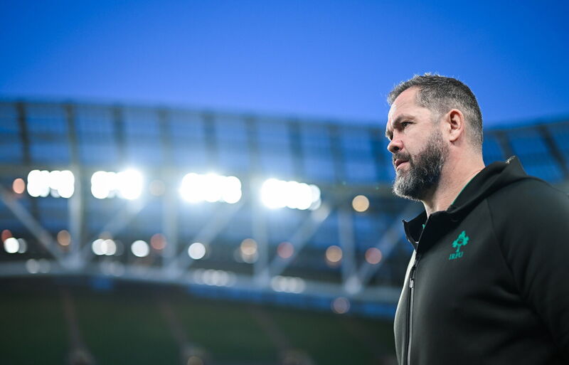 Ireland head coach Andy Farrell walks the Aviva pitch. Pic: Ramsey Cardy/Sportsfile