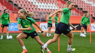 <p>POLES APART: Katie McCabe and Tara O'Hanlon, left, during a Republic of Ireland women's training session at Stadion Galgenwaard in Utrecht, Netherlands. Pic: Stephen McCarthy/Sportsfile</p>