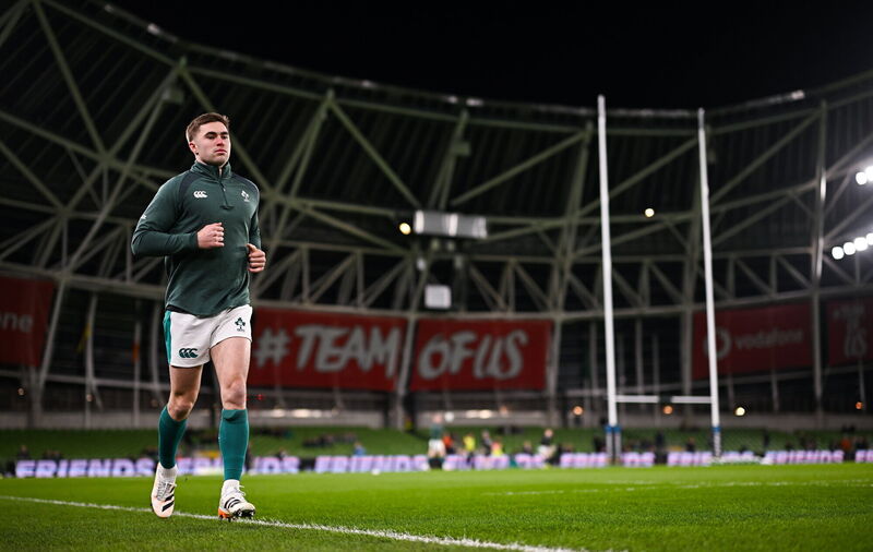 Jack Crowley of Ireland warms up. Pic: Ramsey Cardy/Sportsfile