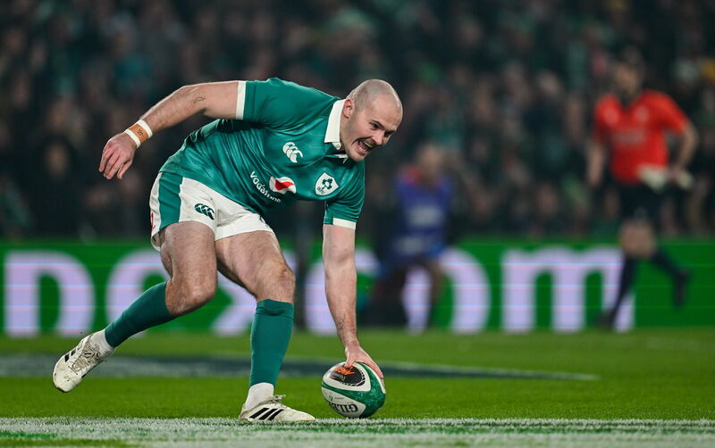 Jacob Stockdale of Ireland scores his side's first try. Pic: Ramsey Cardy/Sportsfile