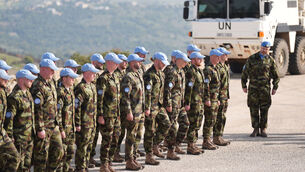 <p>Irish troops on Parade at Camp Shamrock near the border with Lebanon and Israel. Pic: Niall Carson/PA Wire</p>