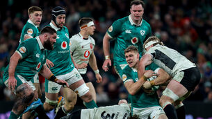 <p>Ireland's Garry Ringrose is tackled by Wales' Tomas Francis and Aaron Wainwright. Pic: Ben Brady/Inpho</p>