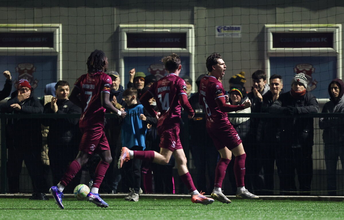 SPOTTER: Rhys Gourdie, right, celebrates his successful penalty to draw things level. Pic: Michael P Ryan/Sportsfile