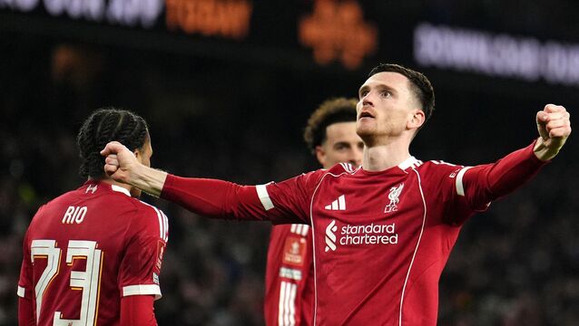 <p>OOHH ANDY ANDY: Liverpool's Andrew Robertson celebrates scoring the opener. Pic: Martin Rickett/PA Wire.</p>