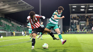 <p>Derry City's Henry Rylah and Cory O'Sullivan of Shamrock Rovers. Pic: Bryan Keane/Inpho</p>
