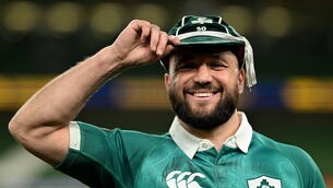 <p>IF THE CAP FITS: Jamison Gibson-Park with his 50th cap after the Six Nations win against Wales in Dublin on Friday night. Pic: Brendan Moran/Sportsfile</p>