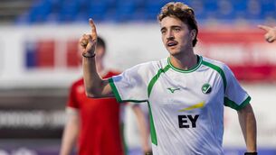 <p>Ireland's Louis Rowe celebrates after scoring the second goal against Wales. Pic: WORLDSPORTPICS Rodrigo Jaramillo </p>