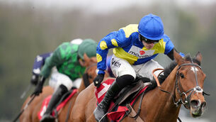 <p>Bibe Mus, ridden by Harry Cobden, on their way to winning the Betfair Racing Podcasts Juvenile Handicap Hurdle at Sandown Park Racecourse. Picture: John Walton/PA Wire </p>