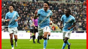 <p>Manchester City's Omar Marmoush (centre) celebrates scoring their third goal. Pic: Owen Humphreys/PA Wire. </p>