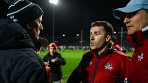 <p>Cork manager Ben O'Connor, centre, shakes hands with Limerick manager John Kiely after the Allianz Hurling League Division 1A match between Limerick and Cork at TUS Gaelic Grounds in Limerick. Photo by Brendan Moran/Sportsfile</p>