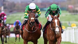 <p>The Lovely Man and Conor Stone Walsh (right) won the BAR 1 Betting Leinster National Handicap Steeplechase by a head from Goraibhmaithagat. Pic: Healy Racing Photo</p>