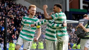 <p>HAMPDEN BOUND: Celtic's Tomas Cvancara (second left) celebrates woith his team mates after scoring the winning penalty at Ibrox. Pic: Steve Welsh/PA Wire</p>