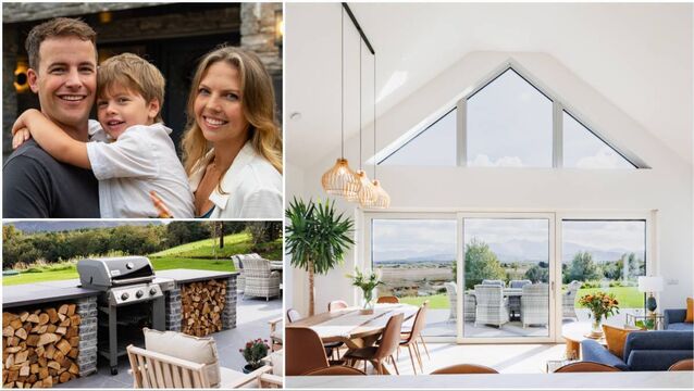 <p>Toni and Fionán Walsh with their son Noah; below and right, their home in Co Kerry. Pictures: Kelan Molloy/RTÉ</p>