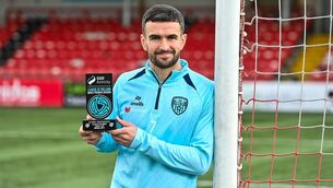 <p>ON FORM: Michael Duffy of Derry City poses for a portrait with his SSE Airtricity / SWI Player of the Month Award at the Ryan McBride Brandywell Stadium. pIC: Oliver McVeigh/Sportsfile</p>
