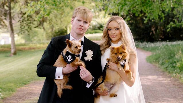 <p>Diana Bunici and Steve Garrigan with their dogs on their wedding day. Picture: Colin Ross</p>