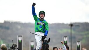 <p>Jockey Nico de Boinville celebrates on Old Park Star after winning the Sky Bet Supreme Novices' Hurdle. Pic: David Fitzgerald/Sportsfile</p>
