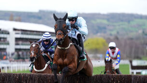 <p>Kargese, ridden by Danny Mullins and trained by Willie Mullins, upset the fancied Lulamba and Kopek des Bordes to win the Arkle. Pic: Mike Egerton/PA Wire.</p>