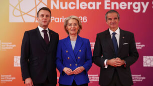 <p>French president Emmanuel Macron, European Commission president Ursula von der Leyen, and Rafael Grossi, director general of the International Atomic Energy Agency at the IAEA Nuclear Energy Summit in Paris on Tuesday. Picture: Abdul Saboor/AP</p>