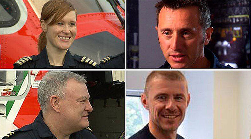 (From top left, clockwise) Captain Dara Fitzpatrick, Captain Mark Duffy, winchman Ciaran Smith and winchman Paul Orsmby, the four crew of an Irish Coast Guard helicopter. (From top left, clockwise) Captain Dara Fitzpatrick, Captain Mark Duffy, winchman Ciaran Smith and winchman Paul Orsmby, the four crew of an Irish Coast Guard helicopter.