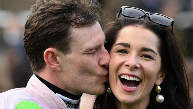 <p>Paul Townend with partner Sophie Ryan after Lossiemouth won the Unibet Champion Hurdle Challenge Trophy on the opening day of the Cheltenham Festival. Pic: Healy Racing</p>