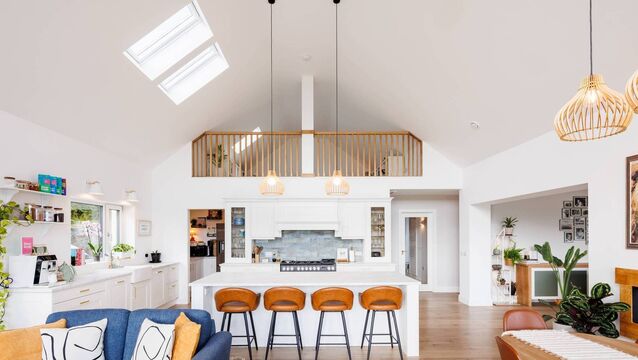 <p>The kitchen area in Toni and Fionán Walsh’s Kerry home. light-filled residence. Pictures: Kelan Molloy/RTÉ</p>