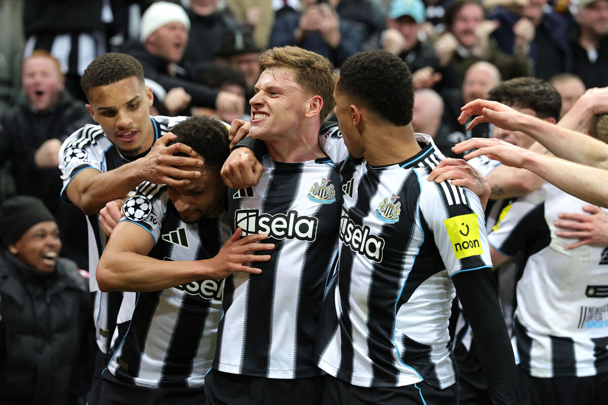 Newcastle United's Harvey Barnes (centre) celebrates scoring their side's first goal of the game with teammates. Pic: Steve Welsh/PA Wire.