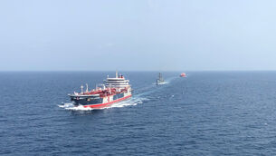 <p>HMS Montrose, accompanying the Stena Important and the Sea Ploeg vessels in the Gulf. Picture: UK ministry of defence </p>