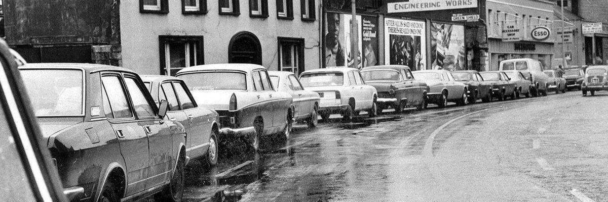 Cars in a queue for petrol at Anglesea St in Cork City during the petrol shortage in the 1970s.