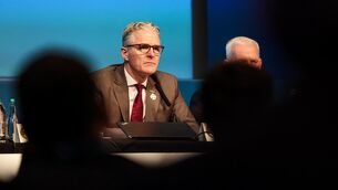 <p>NO RESPONSE: A question to the top table, which included GAA president Jarlath Burns, as to how many counties have formed integration committees, did not receive an answer. Pic: INPHO/Nick Elliott</p>