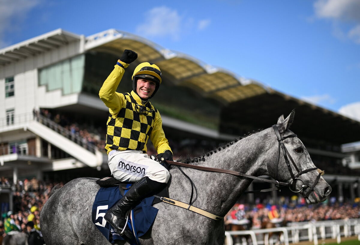Jockey Harry Cobden celebrates on Kitzbuhel after winning the Brown Advisory Novices' Chase. Photo by David Fitzgerald/Sportsfile