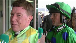 <p>Irish jockey Declan Queally said he was abused by Nico de Boinville before the start of the Turner's Novices Hurdle on Day 2 at Cheltenham. Pics: ITV</p>