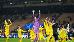 <p>Glimt's players celebrate at the end of the Champions League win over Inter Milan. Pic: AP Photo/Luca Bruno)</p>