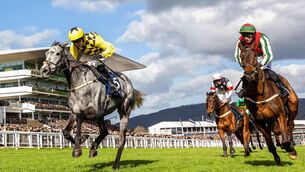 <p>ROARING HOME: Harry Cobden on Kitzbuhel comes home to win the Brown Advisory Novices' Chase. Pic: INPHO/Morgan Treacy</p>