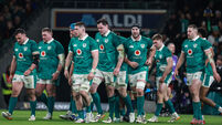 The Irish team celebrate after Jamie Osborne scores a try 6/3/2026
