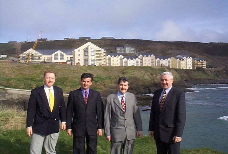 John F Kerr, John Fleming, Bertie Pope, and Séamus O’Mahony at Inchydoney Island Hotel which Fleming Construction completed in 1998. John F Kerr, John Fleming, Bertie Pope, and Séamus O’Mahony at Inchydoney Island Hotel which Fleming Construction completed in 1998.