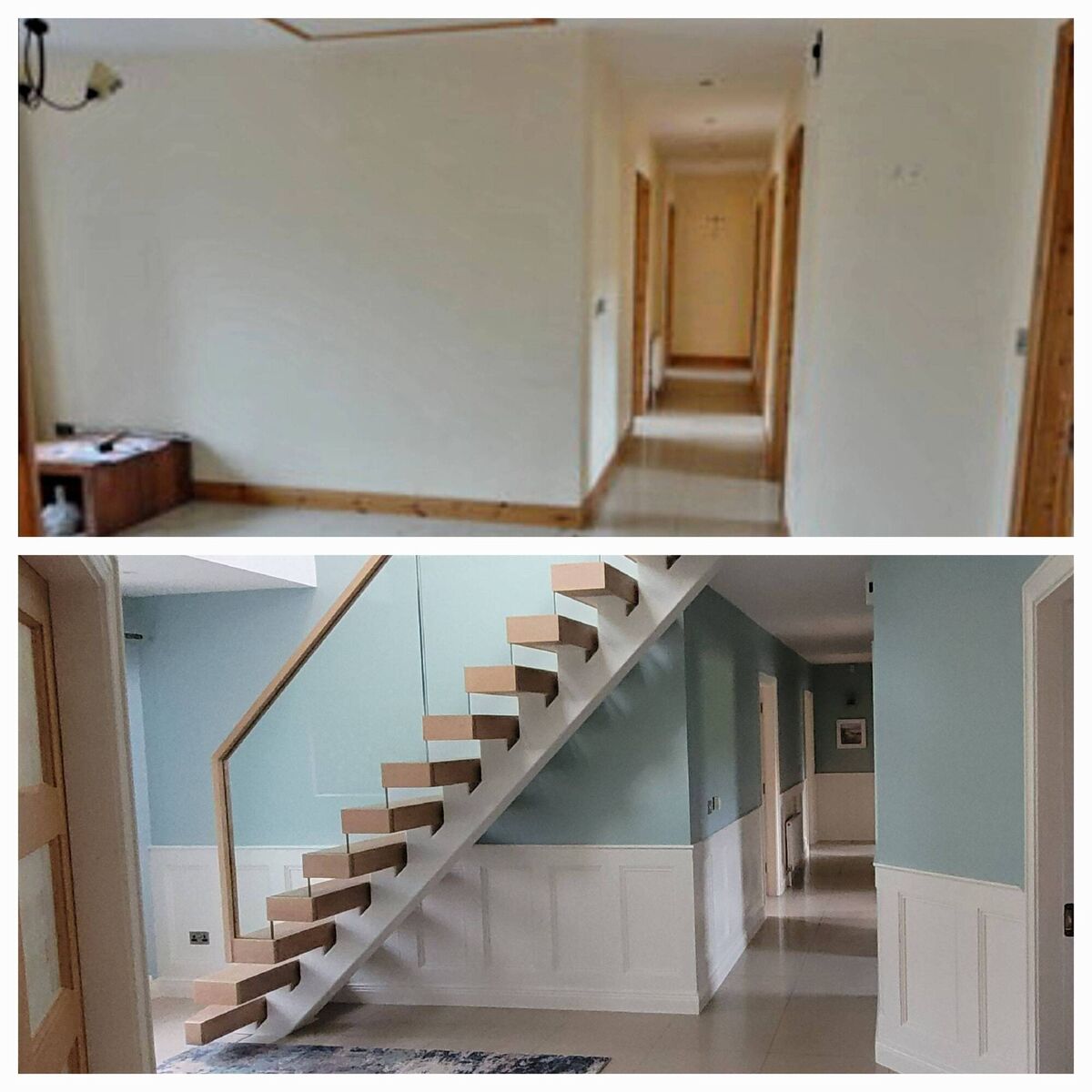 Hallway before and after installation of the floating staircase Hallway before and after installation of the floating staircase